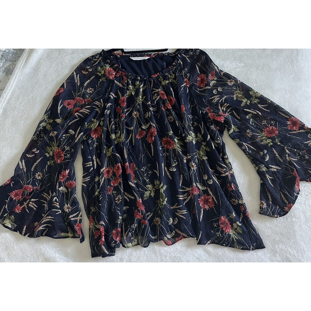 LC Lauren Conrad Floral Chiffon Blouse Metallic Shimmer Ruffle Bell Sleeve - Med